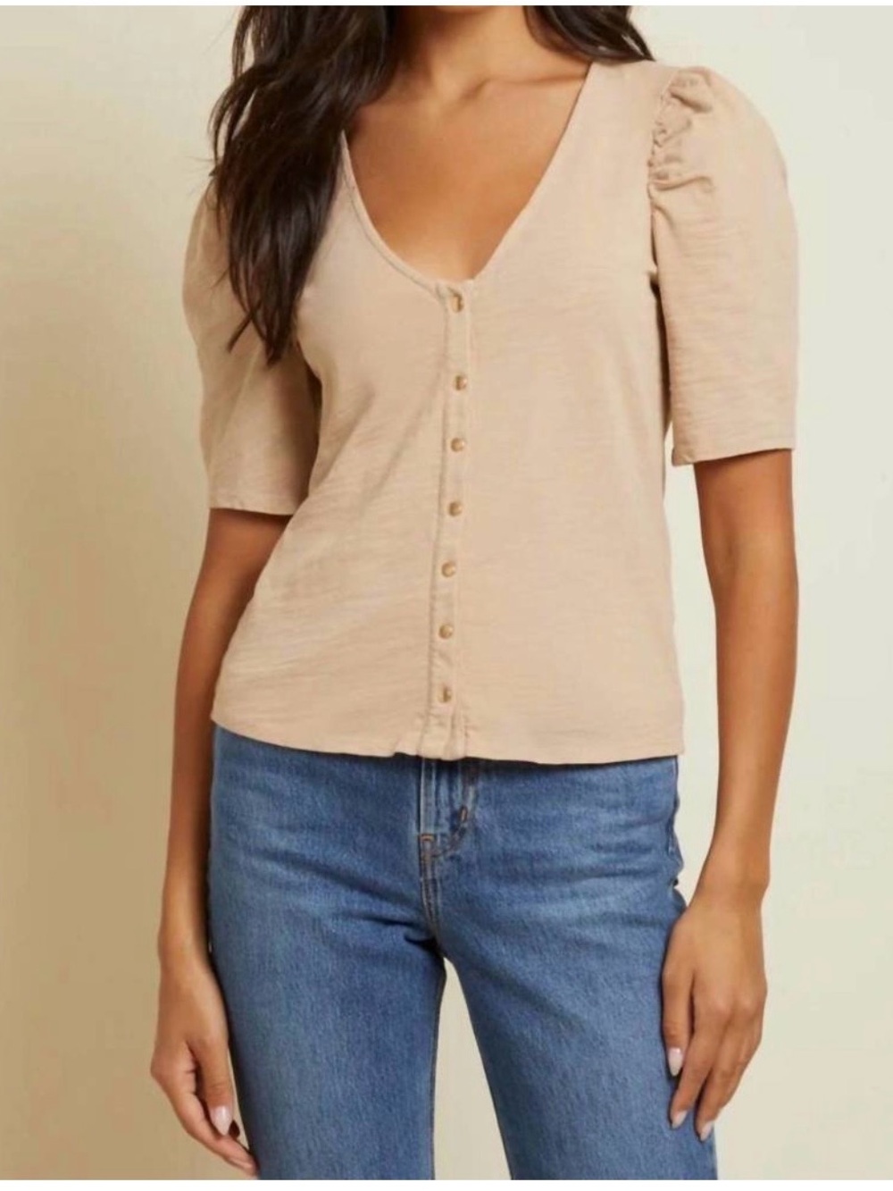 Nation LTD Beige V-Neck Button Front Puff Sleeve Top